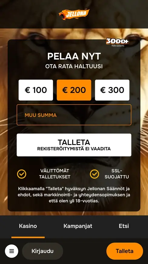 Jellona Casino mobiilin etusivu
