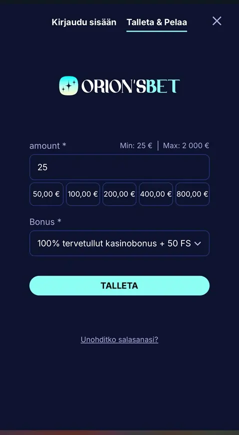 Orions Bet Casino rekisteröityminen