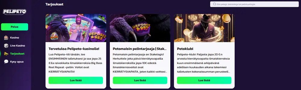 Pelipeto Casino tarjoukset