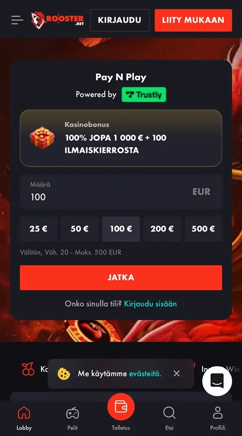 Rooster.bet mobiilin etusivu