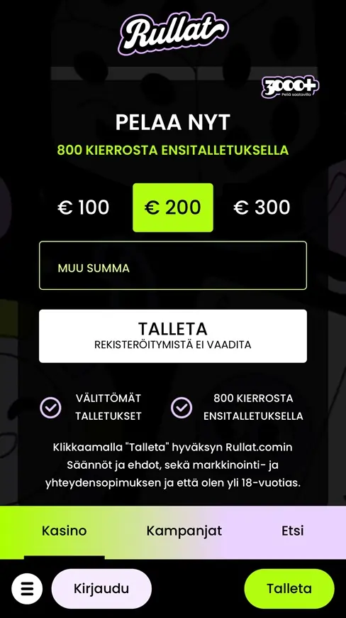 Rullat Kasino mobiilin etusivu