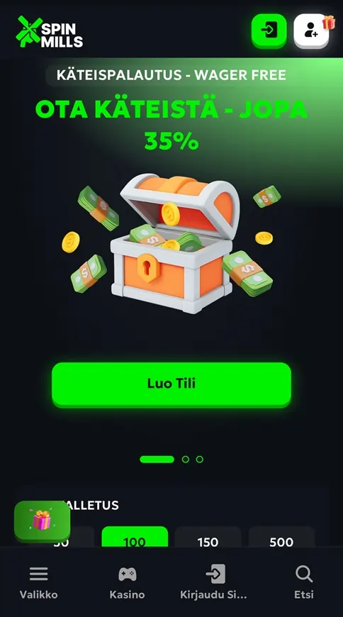 SpinMills Casino mobiilin etusivu