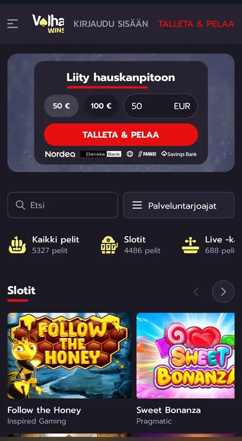 Valhalla Wins mobiilin etusivu
