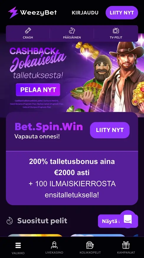 WeezyBet kasinon mobiilin etusivu