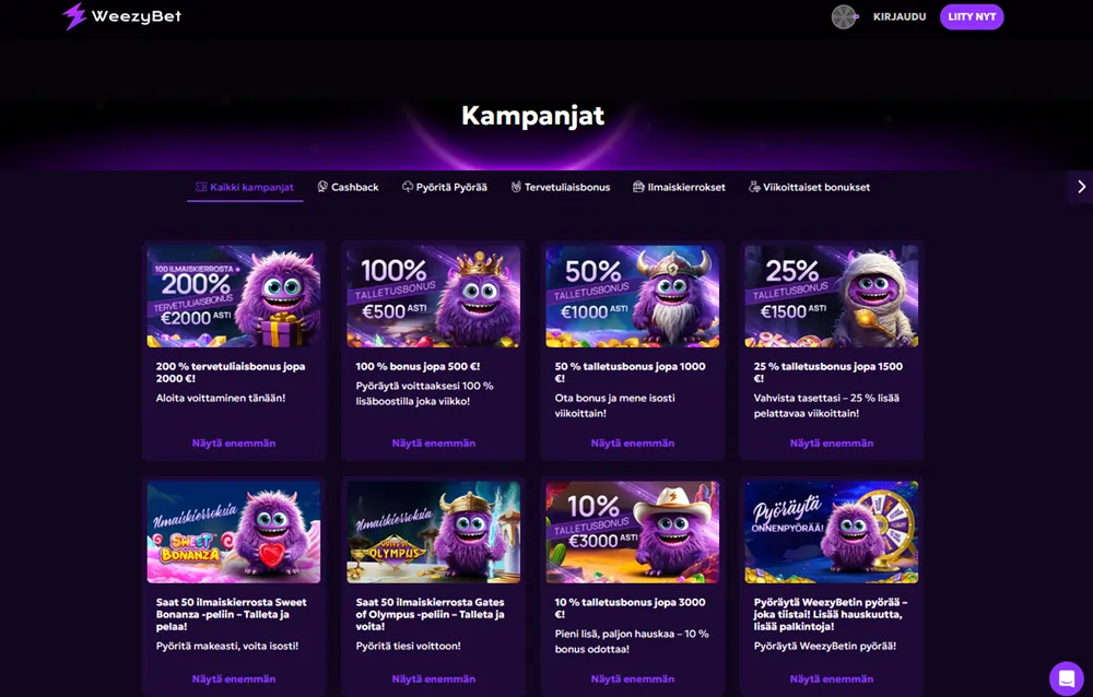 WeezyBet kasinon tarjoukset