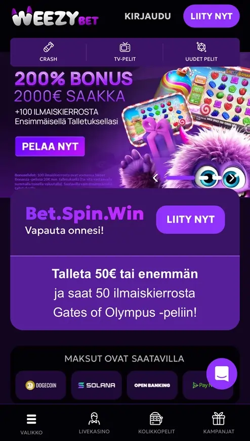 WeezyBet mobiilin etusivu