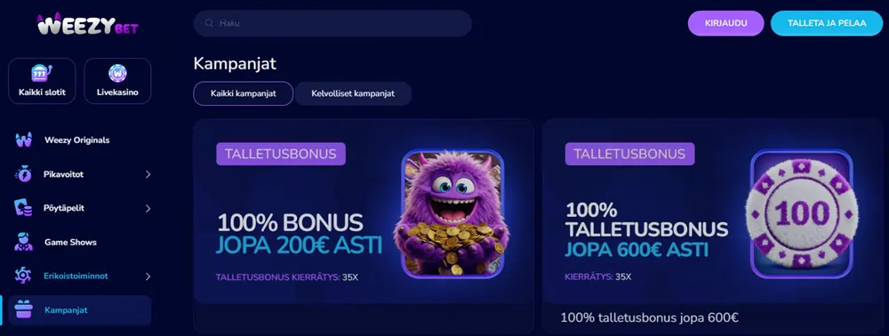 Weezybet Casinon tarjoukset