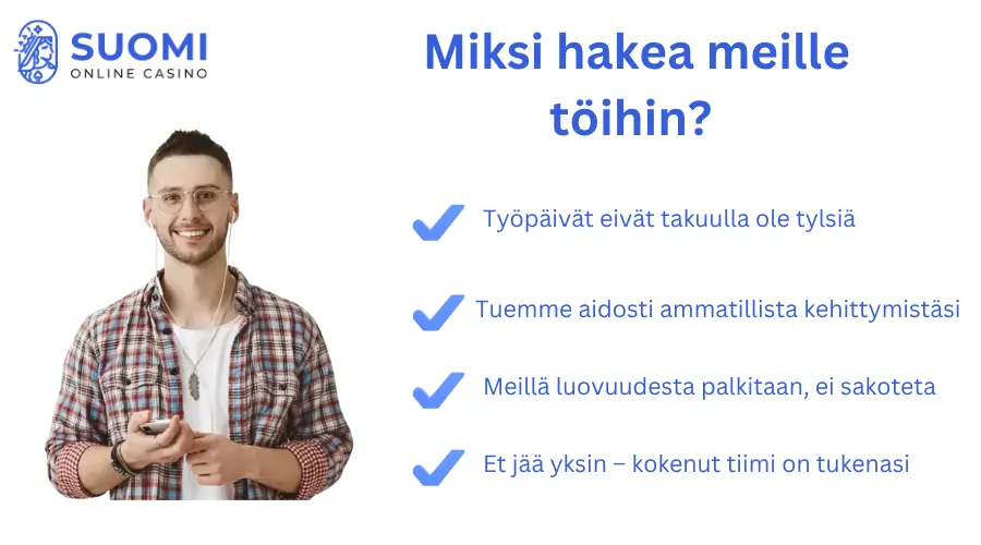 Avoimet työpaikat sivun artikkelikuva, jossa perustaja Tomi ja neljä syytä miksi hakea meille töihin.